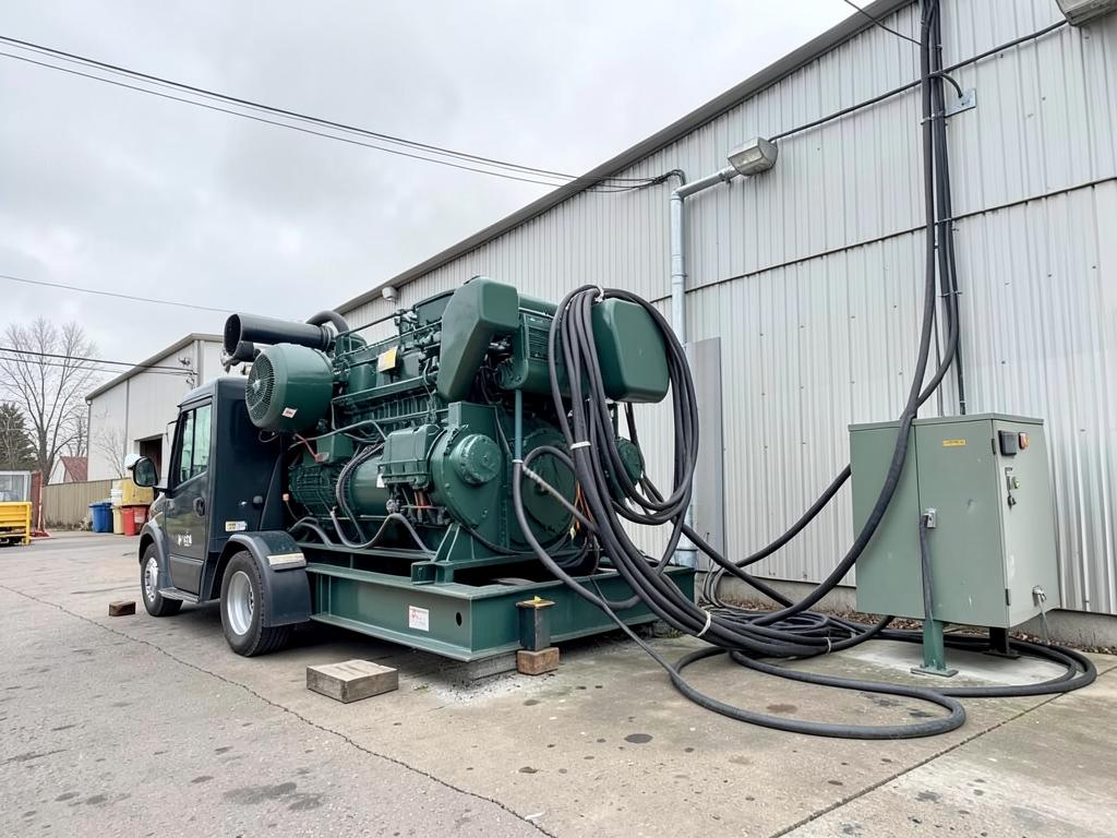 Large mobile diesel generator connected to a temporary distribution panel at an industrial building