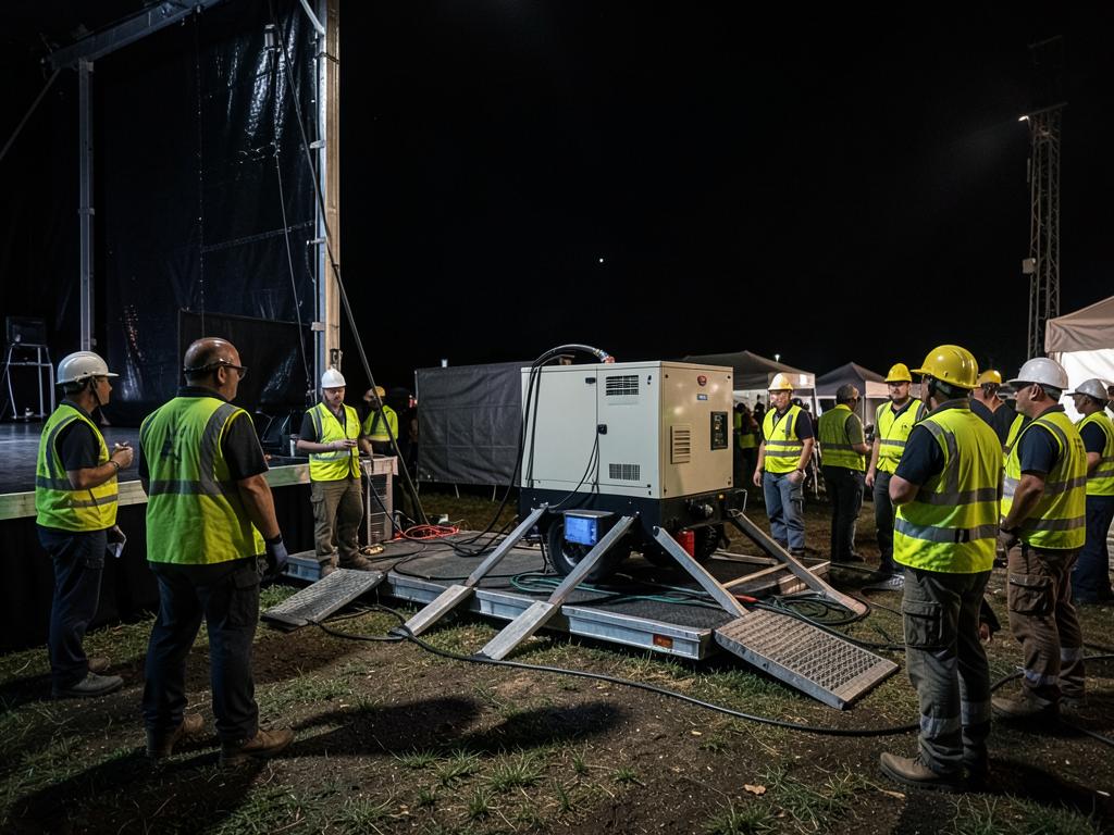 Crew setting up a quiet towable generator and distribution boxes behind an outdoor stage at night