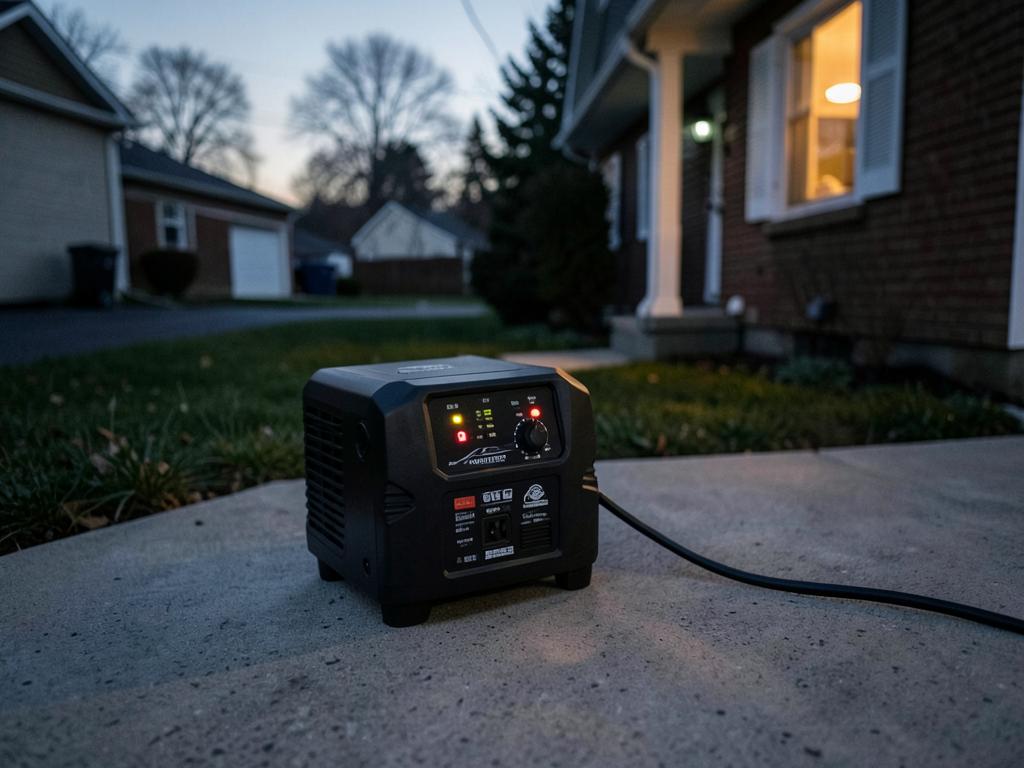 Portable inverter generator running on a residential driveway during an outage